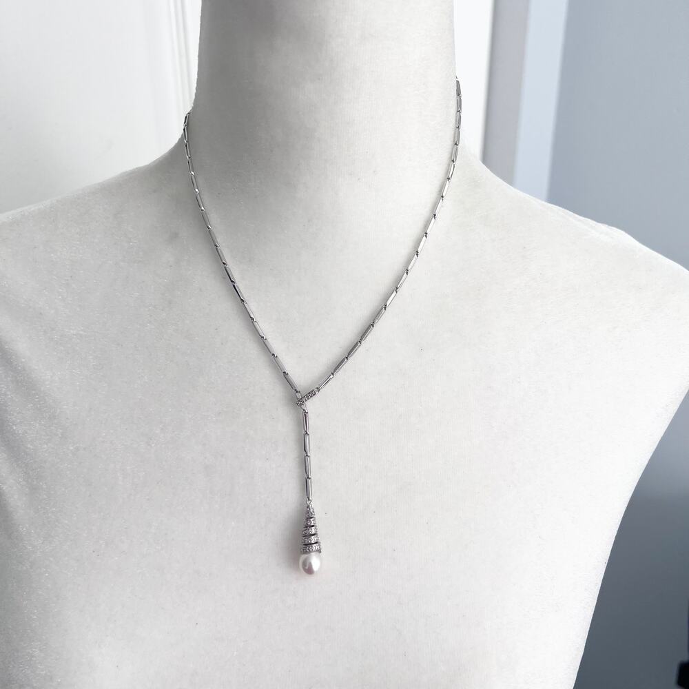 Elegant Sterling Silver 925 Y Drop Pearl Cone Pendant Necklace